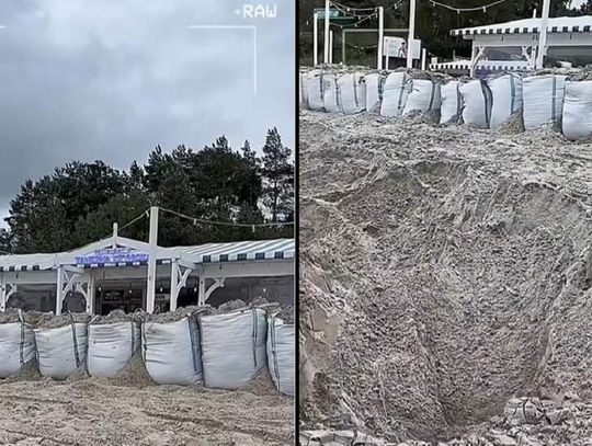 Silny sztorm nad Bałtykiem. Plaża w Krynicy Morskiej zabezpieczana workami z piaskiem