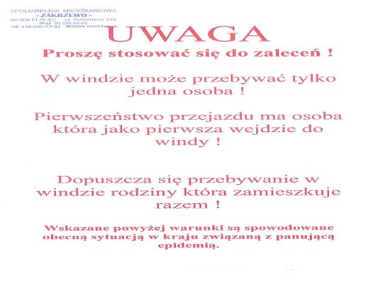 Spółdzielnia Mieszkaniowa w Elblągu reaguje na nowe obostrzenia i wydaje zalecenie przejazdu windą