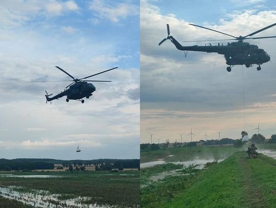 Uszkodzony wał przeciwpowodziowy w Świętym Gaju. W akcji śmigłowiec