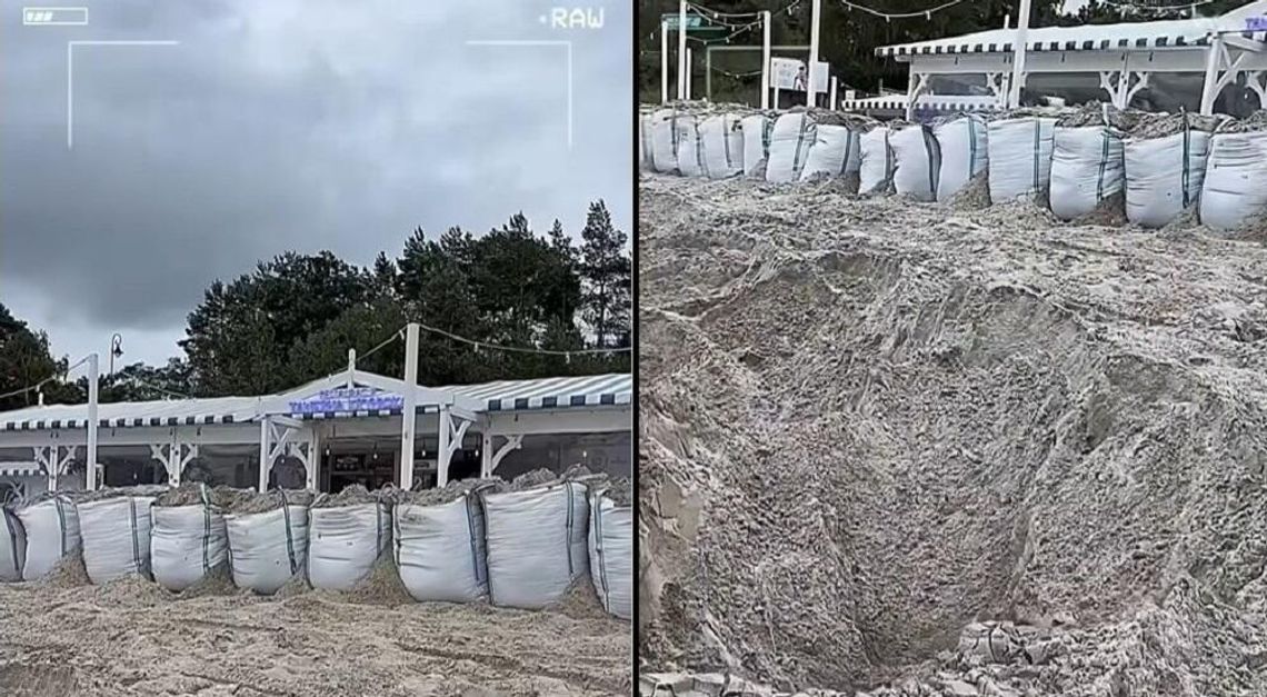 Silny sztorm nad Bałtykiem. Plaża w Krynicy Morskiej zabezpieczana workami z piaskiem Silny sztorm nad Bałtykiem. Plaża w Krynicy Morskiej zabezpieczana workami z piaskiem