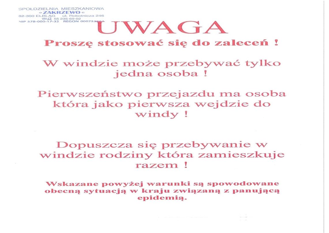 Spółdzielnia Mieszkaniowa w Elblągu reaguje na nowe obostrzenia i wydaje zalecenie przejazdu windą