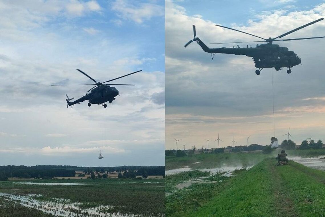 Uszkodzony wał przeciwpowodziowy w Świętym Gaju. W akcji śmigłowiec